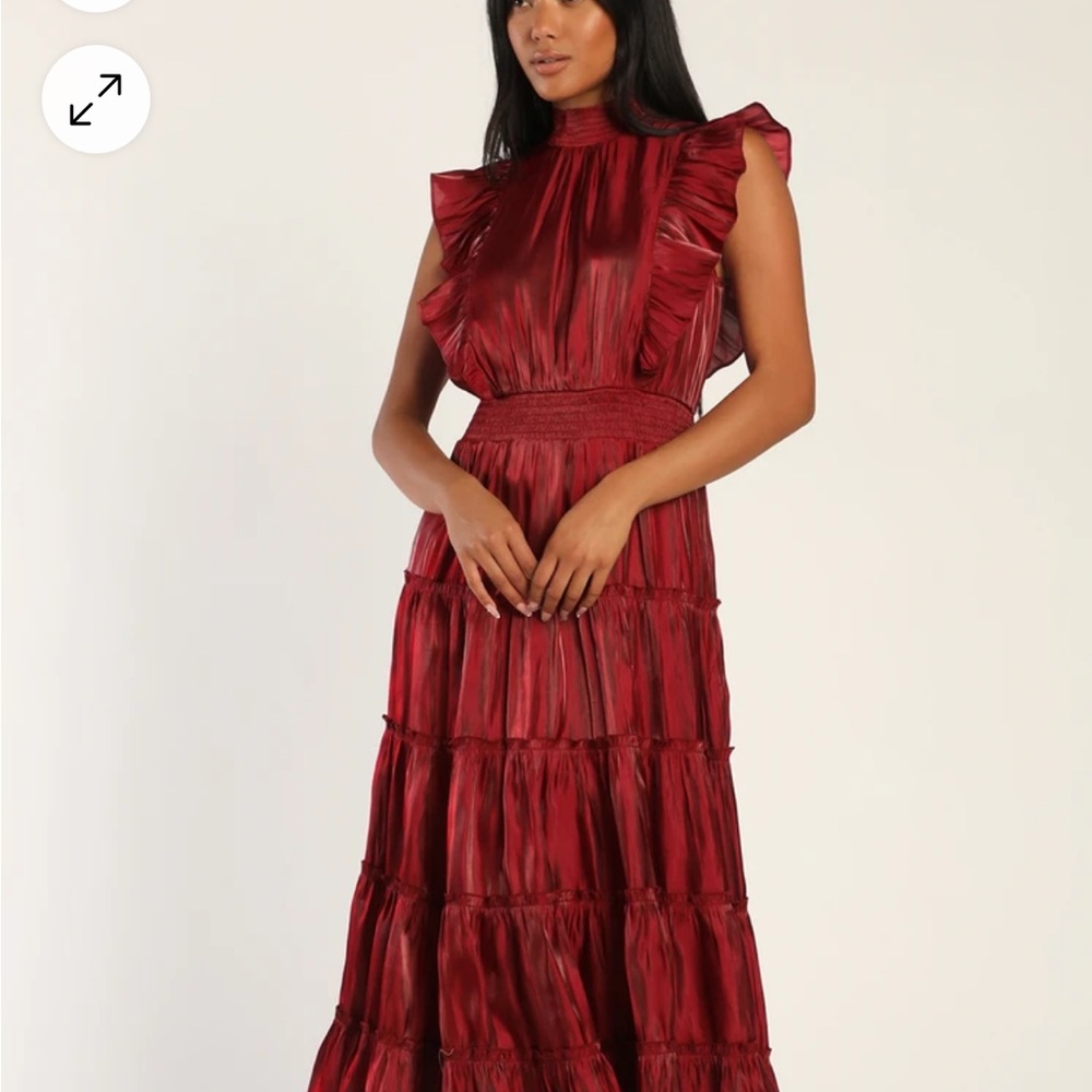 Lulu's Red Ruffled Tiered Midi Dress for Wedding Guest